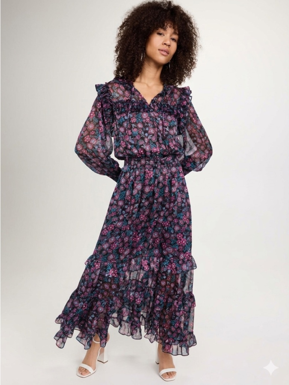 Misa‎ Los Angeles Virginie Maxi Dress Electric Ditsy Boho Party Sheer Feminine - Picture 2 of 15